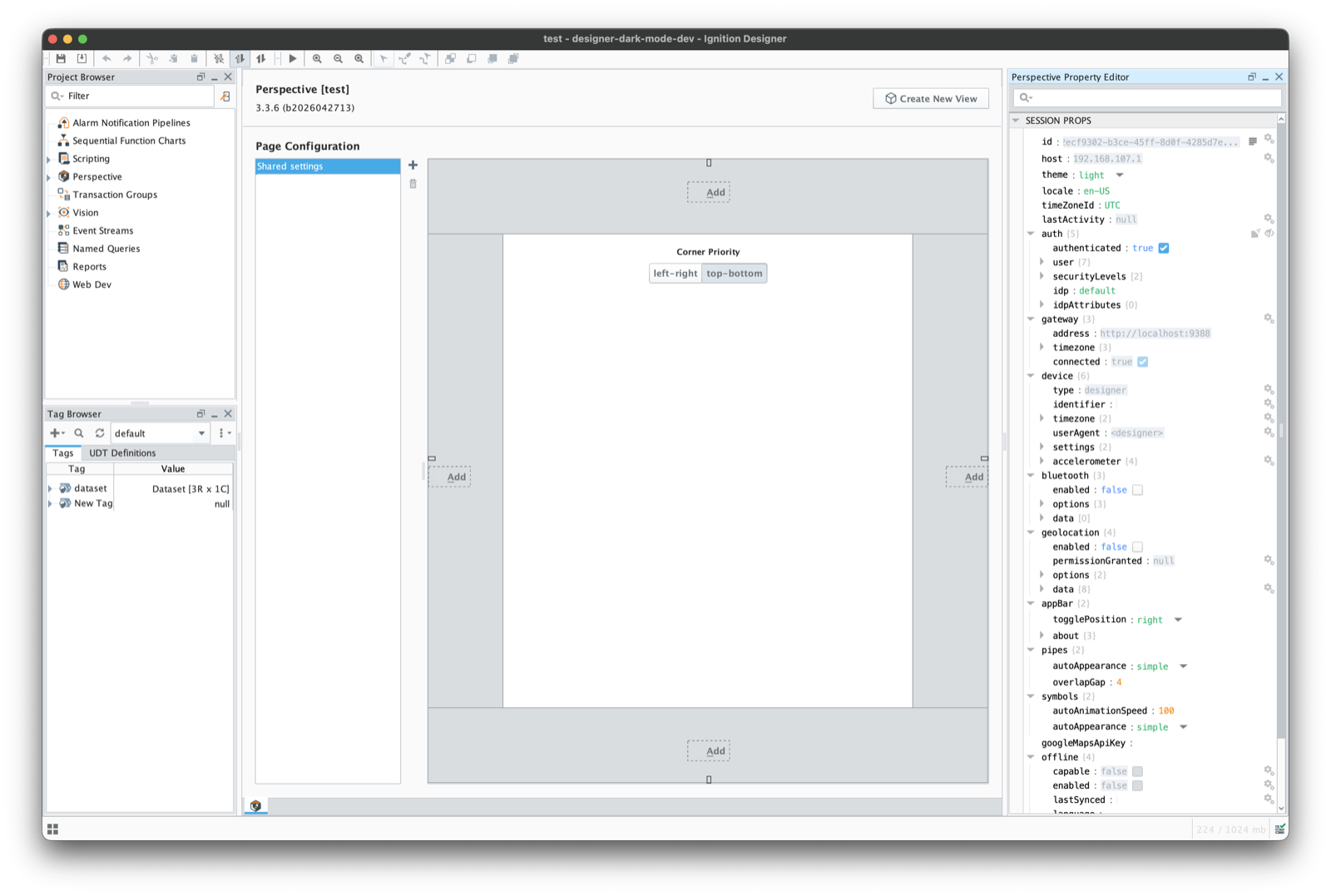 The stock Ignition Designer in its light theme, with the Project Browser, Tag Browser, Perspective page configuration and the property editor