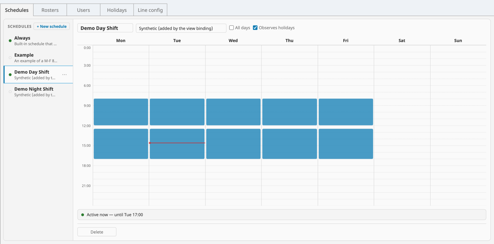 Admin console: Schedules, Rosters, Users and Holidays tabs with a day shift painted on the week grid and an active-now preview