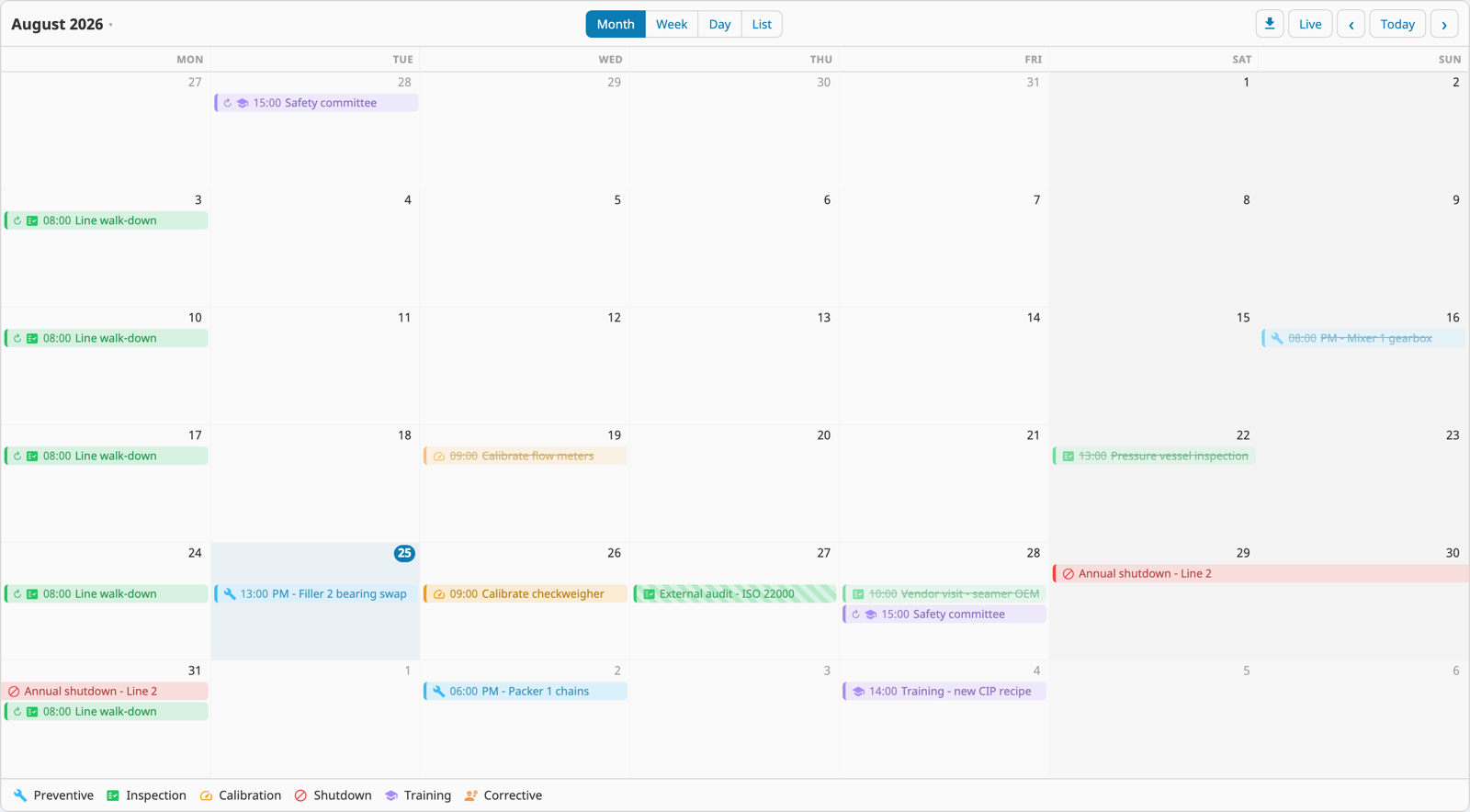 Calendar / Scheduler: month view with recurring maintenance, a multi-day shutdown bar and a category legend