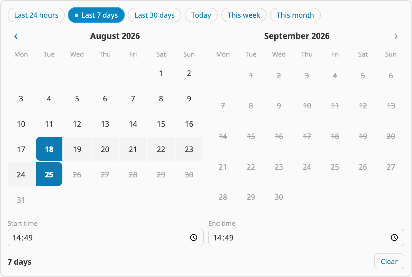 Date/Time Range Picker with rolling-window presets, an armed live window and a week-long range selected across two months