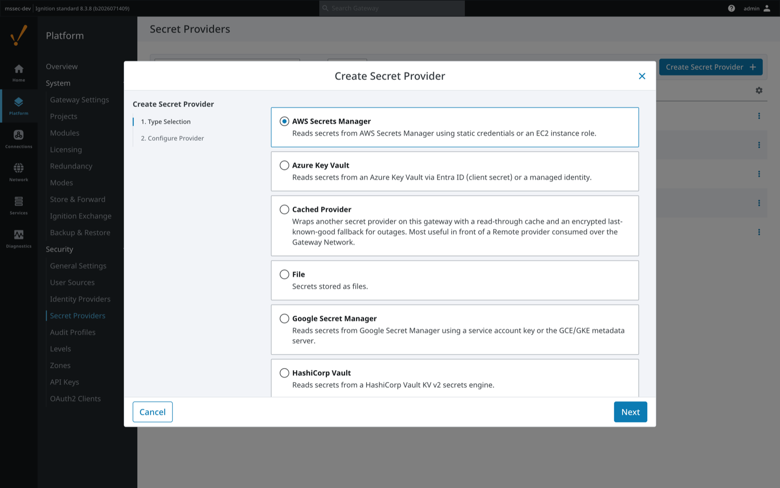 Ignition Create Secret Provider dialog showing the module's provider types next to the platform built-ins