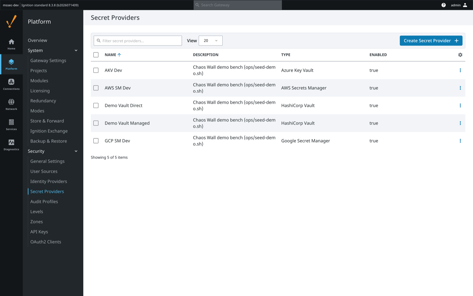 Ignition gateway Secret Providers page listing Vault, Azure Key Vault, AWS Secrets Manager and Google Secret Manager providers from the module
